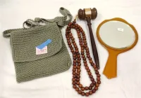 OLD NAVY WOVEN HANDBAG, WOODEN BEADS, GAVEL, OLD CELLULOID HAND MIRROR