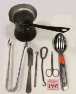COLLECTIBLES: COPPER WASHED TIN SAUCE POT, CAMPING UTENSILS, TWO BOOT HOOKS AND MORE