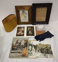 FRAMES, BLUE LEATHER GLOVES, OLD SMALL FRAME, CALENDAR PRINTS, RELIGIOUS PRINTS