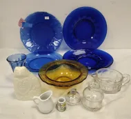 BLUE GLASS PLATES, BABY DISH, LENOX STYLE CAT AND MORE