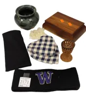 WOOD BOX, WICKER EGG CUP, HEART COASTER, HUSKIE HEAD BAND, UNSIGNED POTTERY FOOTED POT