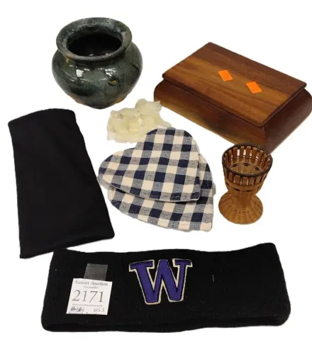 WOOD BOX, WICKER EGG CUP, HEART COASTER, HUSKIE HEAD BAND, UNSIGNED POTTERY FOOTED POT