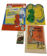 VINTAGE CHILDRENS ADVERTISERS: ROMPER ROOM DO-BEE, KEDS, POSTAL CAMPING STICKER 