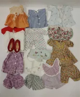 MEDIUM SIZE VINTAGE DOLL CLOTHES AND TWO OLD BIBS