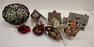 HOLIDAY BOX LOT - ORNAMENTS, HALLMARK HOUSES, CANDLE HOLDER AND MORE