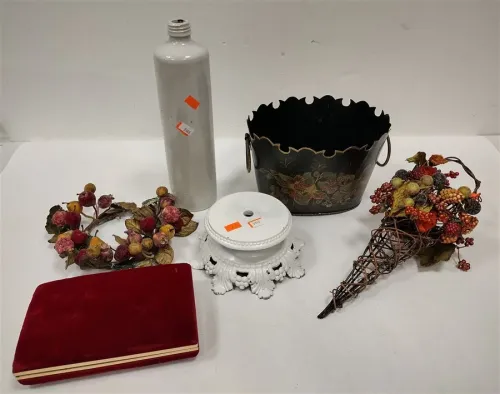DECOR - METAL DISPLAY, CANDLE WREATHS, METAL BASE, OLD POTTERY BOTTLE