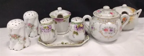 VINTAGE PORCELAIN SALT & PEPPERS, SUGAR BOWLS, AND CONDIMENT SET 
