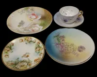 PORCELAIN: TWO BAVARIA, ONE PRUSSIA PLATE.  PANSY CUP & SAUCER
