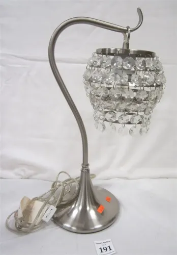 CONTEMPORARY STAINLESS TABLE LAMP WITH HANGING CRYSTAL SHADE