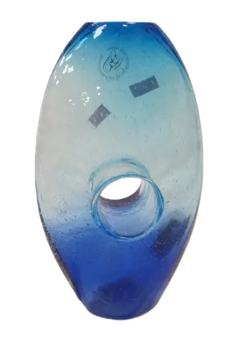 ART GLASS DONUT HOLE VASE WITH ORIGINAL STICKER