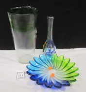 THREE BLUE AND GREEN ART GLASS PIECES