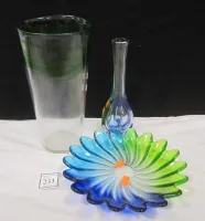 THREE BLUE AND GREEN ART GLASS PIECES