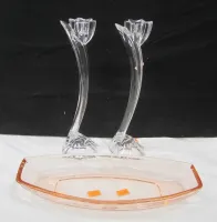 PINK ETCHED GLASS RELISH DISH, PAIR OF AUSTRIA CRYSTAL CANDLE HOLDERS