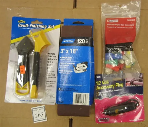 TOOLS: CAULK FINISHING SET, SANDING BELT, 12 VOLT PLUG, WIRE CONNECTORS