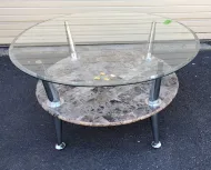 TWO TIER FAUX MARBLE AND GLASS ROUND COFFEE TABLE