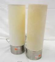 TWO CONTEMPORARY UP LAMPS.  BOTH SHADES HAVE COME LOOSE FROM BASE