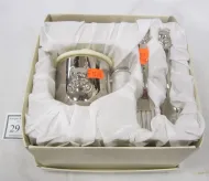 MONOGRAMMED BABY CUP, SPOON AND FORK SET IN BOX BY THINGS REMEMBERED