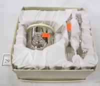 MONOGRAMMED BABY CUP, SPOON AND FORK SET IN BOX BY THINGS REMEMBERED