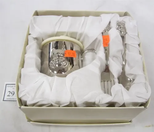 MONOGRAMMED BABY CUP, SPOON AND FORK SET IN BOX BY THINGS REMEMBERED