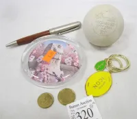 LACROSSE BALL, PAPERWEIGHT, KEY CHAIN, PEN, FOREIGN COINS