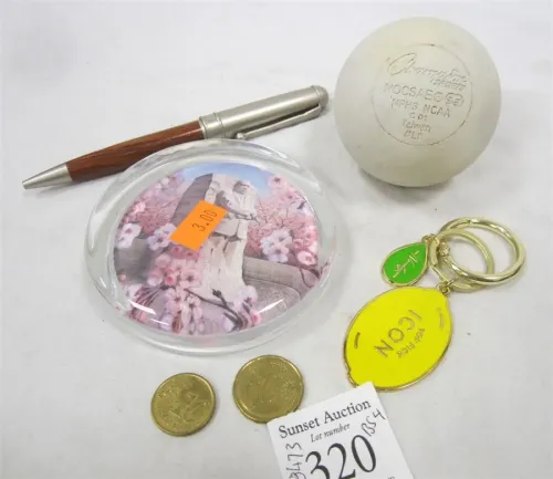 LACROSSE BALL, PAPERWEIGHT, KEY CHAIN, PEN, FOREIGN COINS