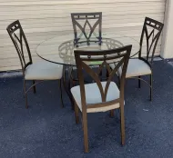 CONTEMPORARY ROUND GLASS AND METAL DINING TABLE AND FOUR CHAIR