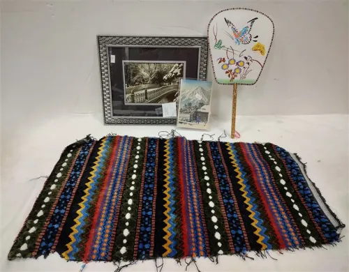 SMALL WOOD BLOCK PRINT, FRAMED WINTER SCENE, SILK FAN, PIECE OF TEXTILE