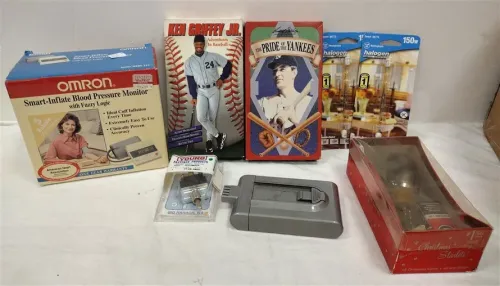 BOX LOT: BLOOD PRESSURE MONITOR, TWO BASEBALL TAPES, HALOGEN LIGHTS, TUBES, SEE PHOTOS, 