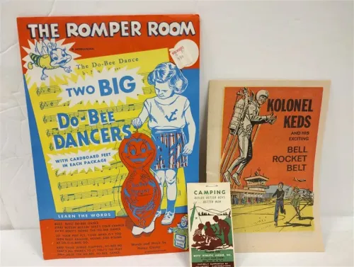 VINTAGE CHILDRENS ADVERTISERS: ROMPER ROOM DO-BEE, KEDS, POSTAL CAMPING STICKER  